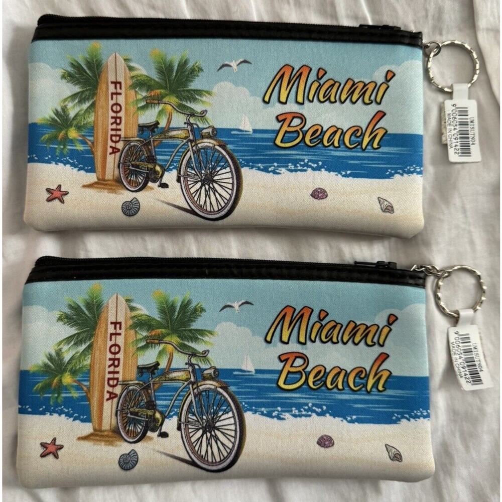 MIAMI BEACH "Palm Tree Waves Sand Bird” Soft Zipper Pouch keyring 7 in” NEW